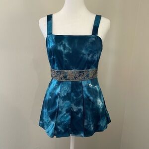Vintage Y2K Inc Silk Baby Doll Crystal Beaded Top Size 2 Blue Tie Dye Wash